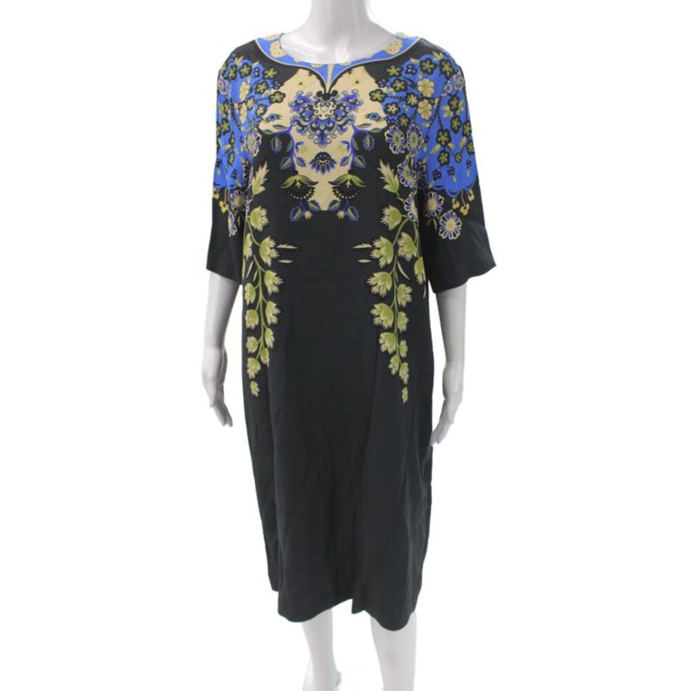 Etro Women Shift Silk Floral Knee Length Half Sleeve Black Dress Size 46